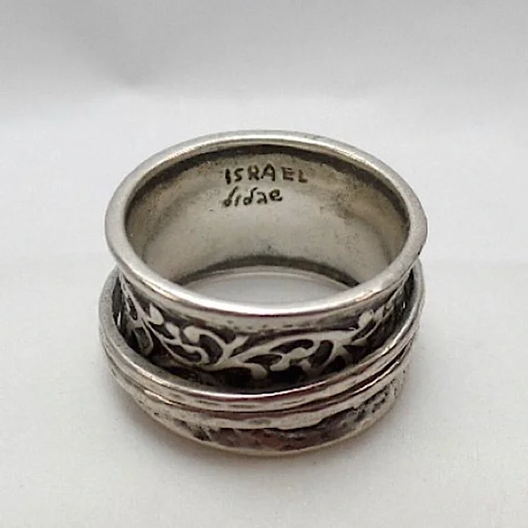 DIDAE Ornate Sterling Silver Wide Band Israeli Spinner Ring Sz. 8, 8-1/4, 10-1/4